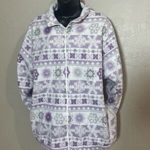 Alfred Dunner White Fleece Jacket with Lavender & Grey Winter Pattern